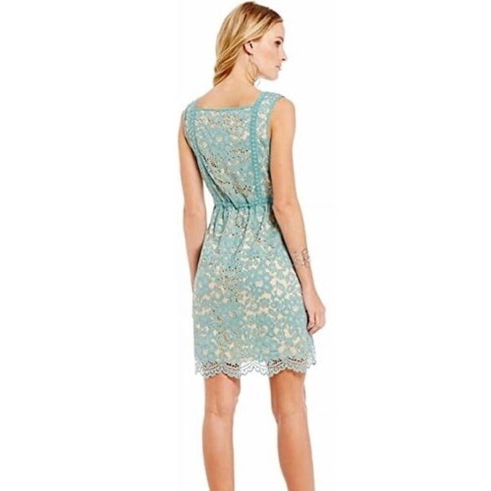 Chelsea & Violet Teal Lace Dress Nude Lined Sleeveless Square Neck Fit Flare XS - Picture 2 of 16